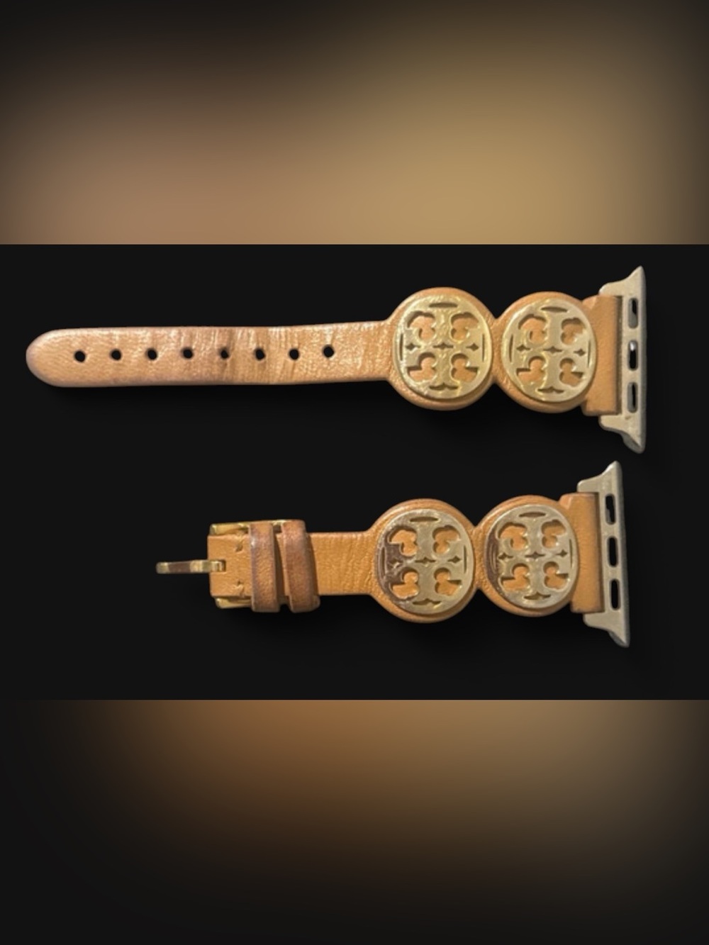 Tory Burch Apple Watch band Cognac Leather Belt with Gold Logo Discs